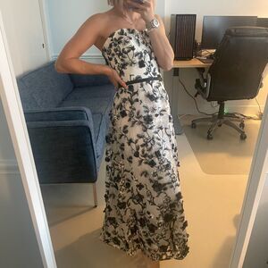 Marchesa Notte Embroidered Floral Strapless Gown Black White